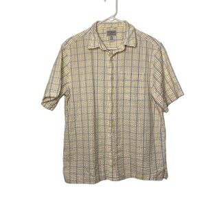 LL Bean Button Up Shirt Mens Medium Short Sleeve Yellow Blue White Plaid Casual